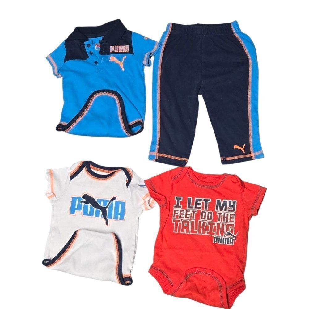 Puma Baby Boys 6-9M 4-Piece Outfit Bundle Onesies & Knit Pants Blue Orange Red
